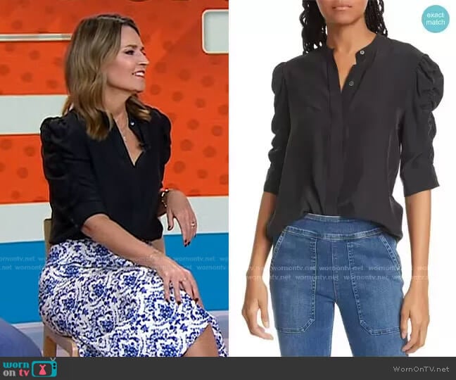 WornOnTV: Savannah’s black ruched sleeve blouse and tapestry print ...