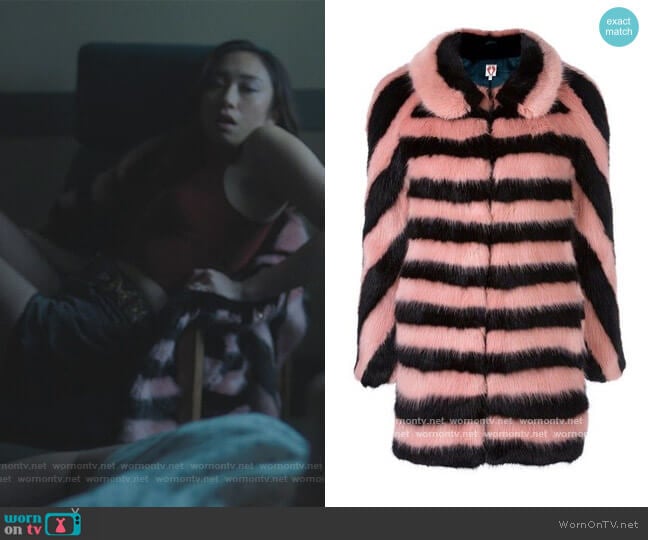 Jean Stripe Faux Fur Coat Shrimps worn by Phoebe Miu on Riverdale