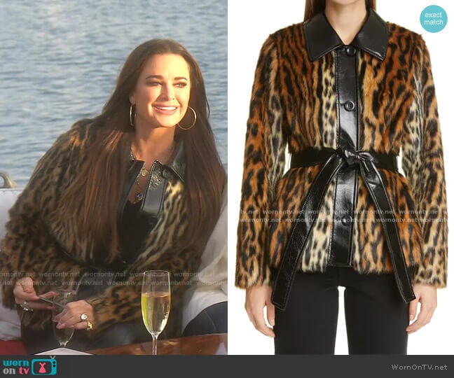 Cora Ocelot Print Faux Fur Jacket by Stand Studio worn by Kyle Richards on The Real Housewives of Beverly Hills