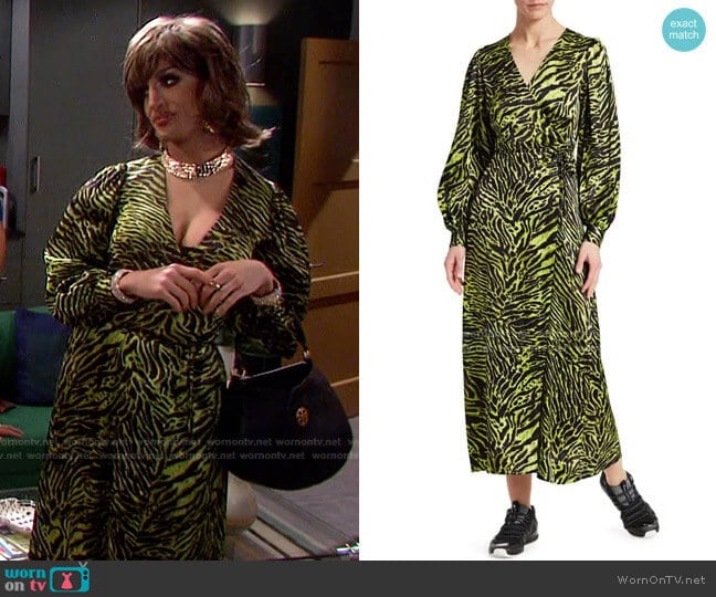 Stretch Silk Satin Tiger-Stripe Wrap Dress by Ganni worn by Jackie Cox on Days of our Lives: Beyond Salem