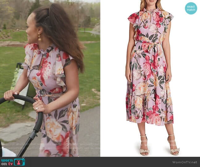 Ruffle Neck Cap Sleeve Floral Print Chiffon Midi Dress by Tahari ASL worn by Ashley Darby on The Real Housewives of Potomac