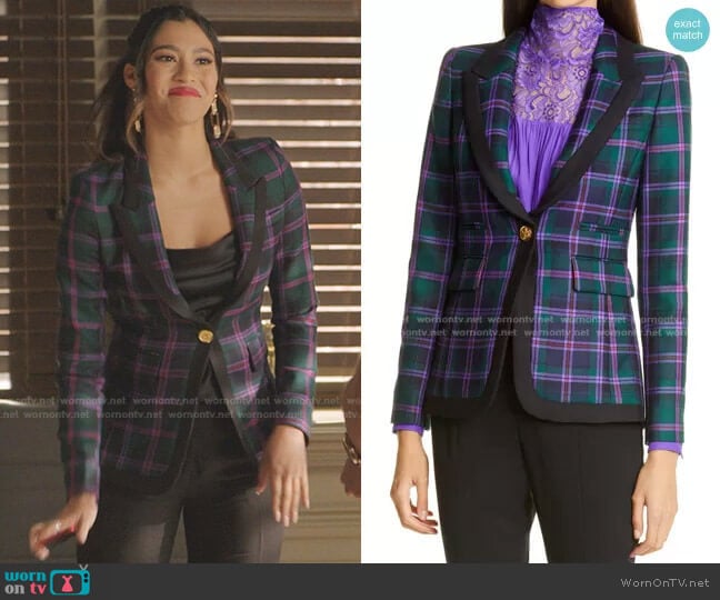 Tartan Peaked Lapel Wool Blazer by Smythe worn by Kara Royster on Dynasty