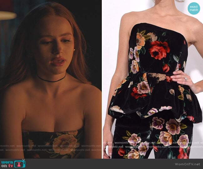 Floral Printed Velvet Bustier Top by The Attico worn by Cheryl Blossom (Madelaine Petsch) on Riverdale