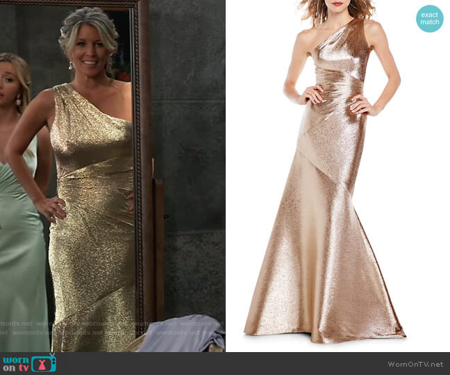 One-Shoulder Metallic Mermaid Gown by Theia worn by Carly Spencer (Laura Wright) on General Hospital