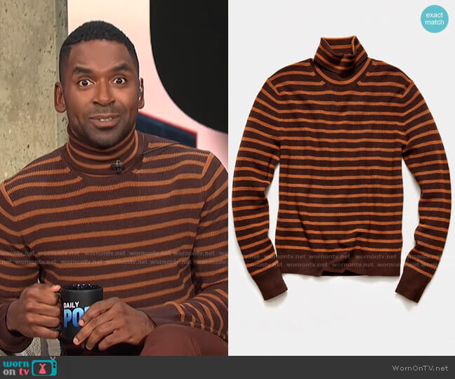 Striped Ribbed Turtleneck Sweater by Todd Snyder worn by Justin Sylvester on E! News