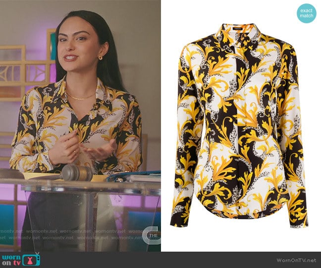 Baroque-print Silk Shirt by Versace worn by Veronica Lodge (Camila Mendes) on Riverdale