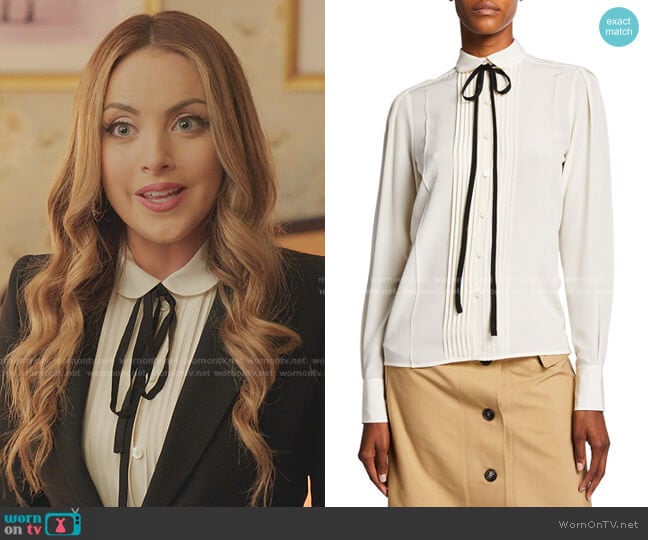 Contrast Ties Pleated Front Silk Shirt by Victoria Beckham worn by Fallon Carrington (Elizabeth Gillies) on Dynasty