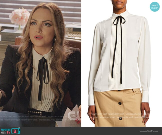 Contrast Ties Pleated Front Silk Shirt by Victoria Beckham worn by Fallon Carrington (Elizabeth Gillies) on Dynasty