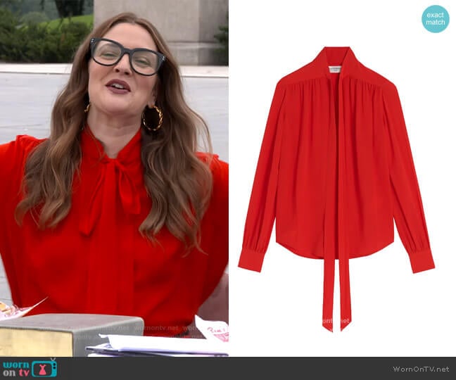 Tie-Neck Silk Blouse by Victoria Beckham worn by Drew Barrymore on The Drew Barrymore Show