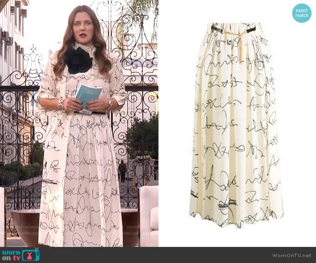 Signature Print Belted Midi Skirt by Victoria Beckham worn by Drew Barrymore on The Drew Barrymore Show