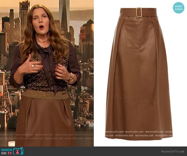 Pleated buckle-embellished leather midi skirt by Vince worn by Drew Barrymore on The Drew Barrymore Show