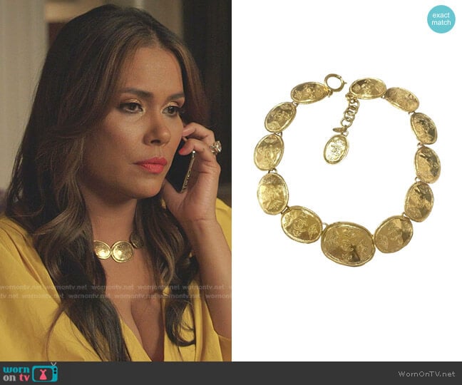 Vintage Regal Crown Logo Coin Medallion Choker Necklace by Chanel worn by Cristal Jennings (Daniella Alonso) on Dynasty