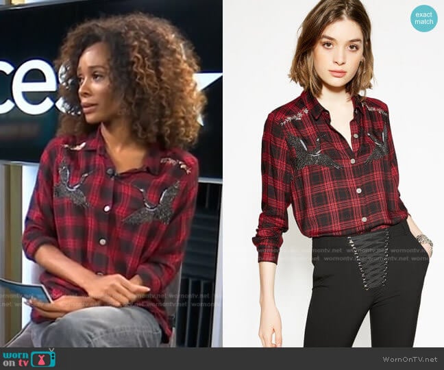 Woven Checked shirt with Embroidered Storks by The Kooples worn by Zuri Hall on Access Hollywood