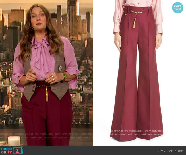 Concert chain-embellished wool-blend flared pants by Zimmermann worn by Drew Barrymore on The Drew Barrymore Show