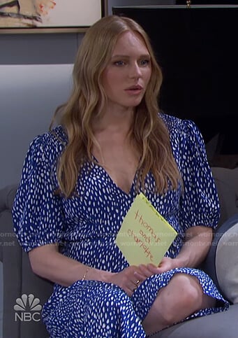 Abigail’s blue spotted wrap dress on Days of our Lives