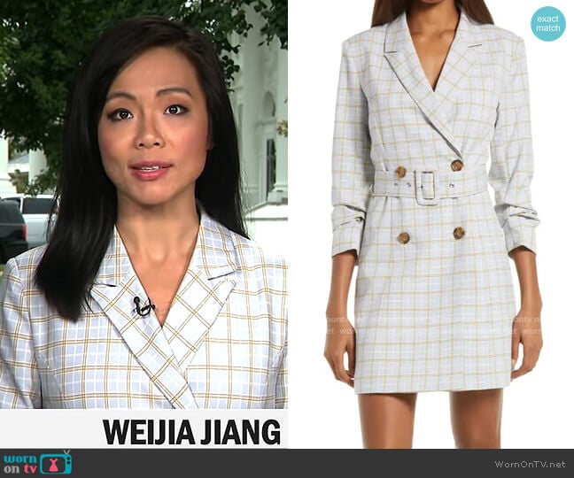 Adelyn Rae Windowpane Check Blazer Minidress worn by Weijia Jiang on CBS Mornings