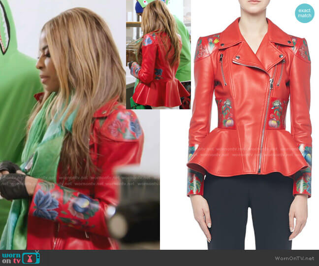 Flower-Print Leather Moto Jacket by Alexander McQueen worn by Mary Cosby on The Real Housewives of Salt Lake City