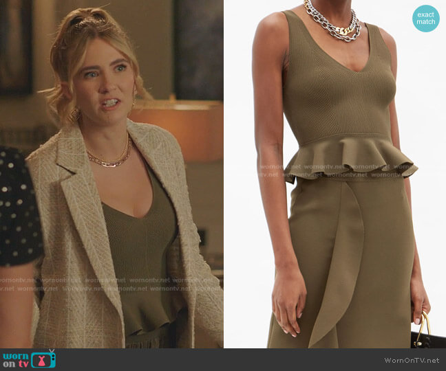 Peplum Viscose Tank by Alexander McQueen worn by Amanda Carrington (Eliza Bennett) on Dynasty