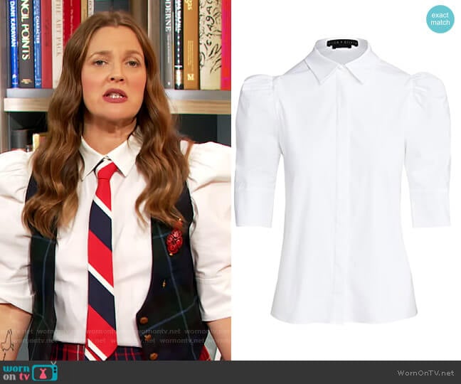 Willa Scrunched Puff Sleeve Top by Alice + Olivia worn by Drew Barrymore on The Drew Barrymore Show