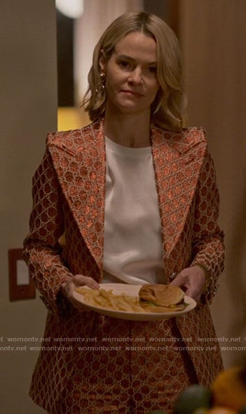 Alice’s metallic monogram print suit on The L Word Generation Q