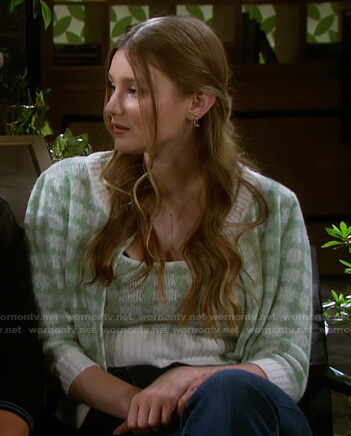 Allie's green check cardigan and cropped top on Days of our Lives