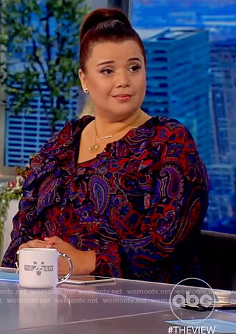 Ana’s paisley print ruffle dress on The View