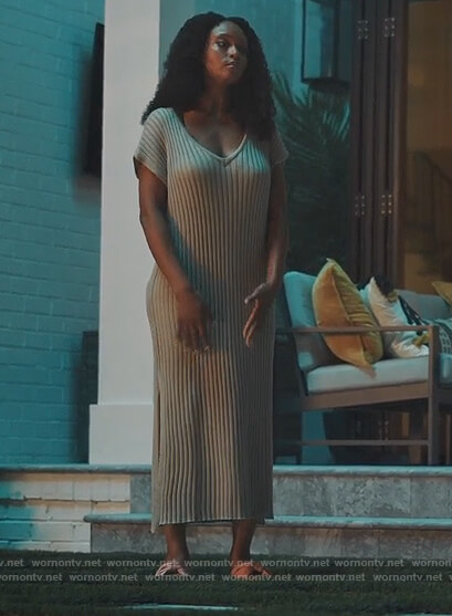 Angela's beige ribbed dress on Our Kind of People