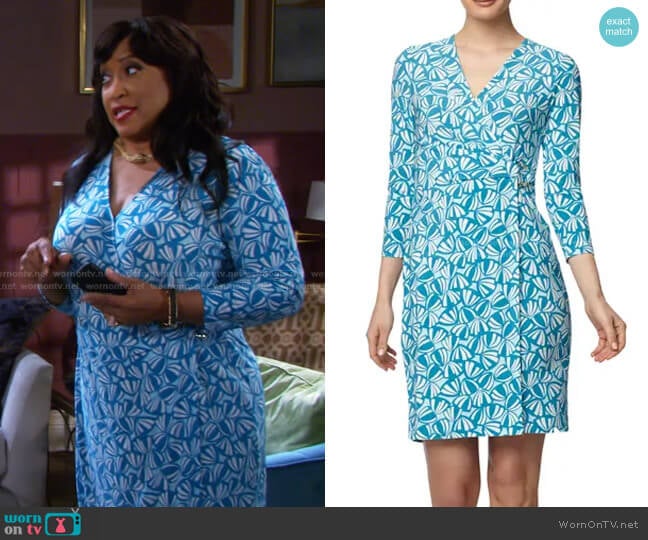 Signature Wrap Dress in Calypso Blue Combo by Anne Klein worn by Paulina Price (Jackée Harry) on Days of our Lives