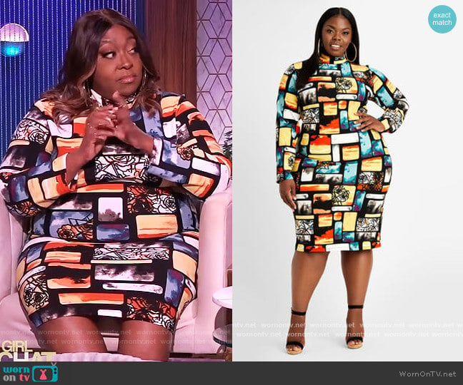 Abstract Mock Neck Keyhole Dress by Ashley Stewart worn by Loni Love on The Real