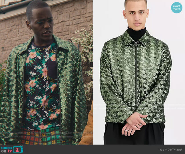 Harrington Jacket in green sequin by ASOS worn by Eric Effiong (Ncuti Gatwa) on Sex Education