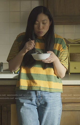 Nora's yellow striped t-shirt on Awkwafina is Nora From Queens