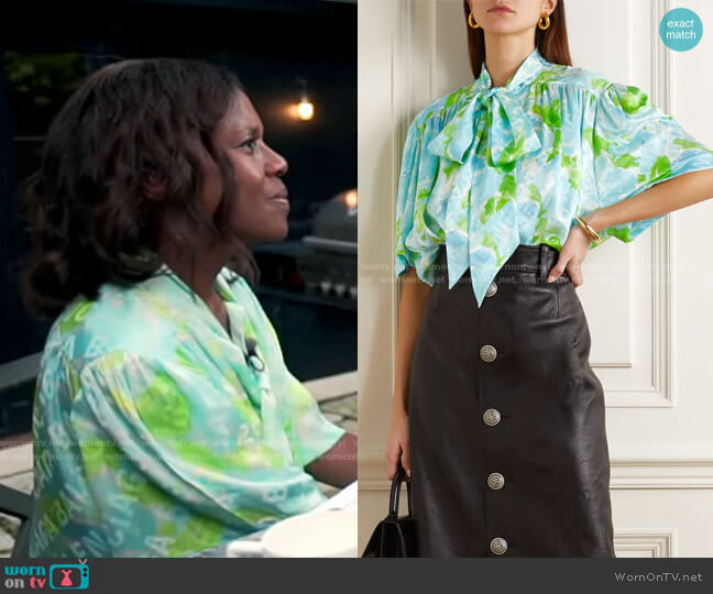 Pussy-Bow Floral-Print Silk-Jacquard Blouse by Balenciaga worn by Deborah Roberts on Good Morning America