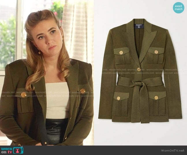 Belted knitted jacket by Balmain worn by Amanda Carrington (Eliza Bennett) on Dynasty