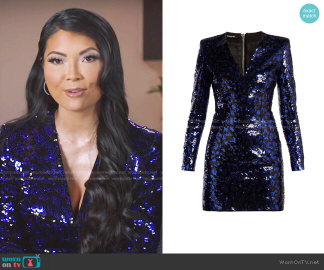 V-Neck Leopard Print Sequin Mini Dress by Balmain worn by Jennie Nguyen on The Real Housewives of Salt Lake City