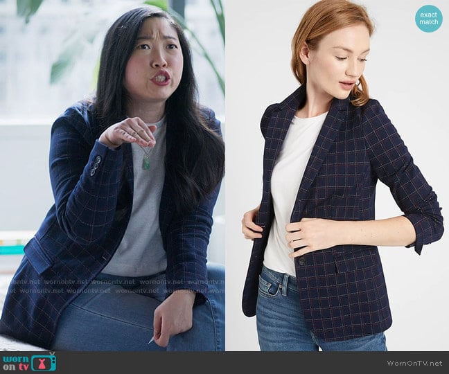 Banana Republic Unstructured Blazer in Blue Plaid worn by Nora Lum (Awkwafina) on Awkwafina is Nora From Queens