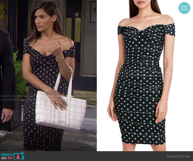 Sweetheart Off-the-Shoulder Mesh Dot Dress By Bcbgmaxazria worn by Gabi Hernandez (Camila Banus) on Days of our Lives