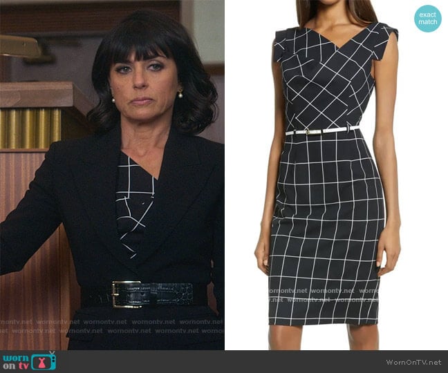 Jackie O Grid Print Sheath Dress by Black Halo worn by Kathleen Gale (Constance Zimmer) on Good Trouble