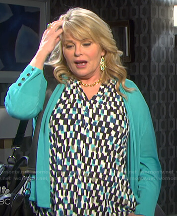 Bonnie’s geometric print top and green cardigan on Days of our Lives