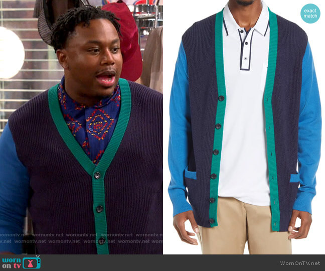 BP Colorblock Varsity Cardigan worn by Marty (Marcel Spears) on The Neighborhood