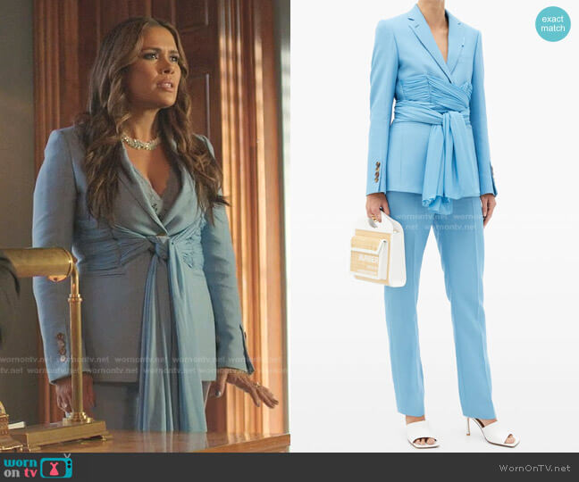 Single-Breasted Chiffon-Waist Jacket and Trousers by Burberry worn by Cristal Jennings (Daniella Alonso) on Dynasty