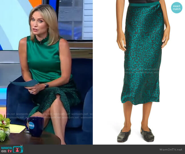 The Jessica Emerald Silk Bias Midi Skirt by Cami NYC worn by Amy Robach on Good Morning America