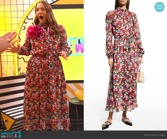 Heart-Print Gathered Midi Dress w/ Mesh Inserts by Carolina Herrera worn by Drew Barrymore on The Drew Barrymore Show