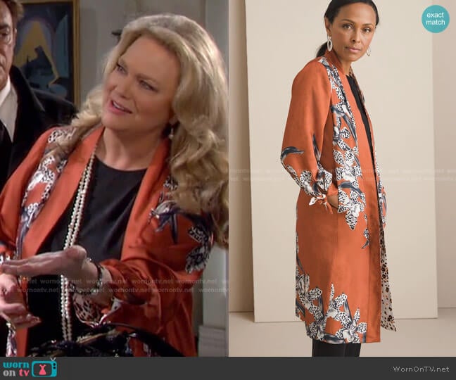 Reversible Floral To Animalprint Duster Jacket by Chicos worn by Anna DiMera (Leann Hunley) on Days of our Lives