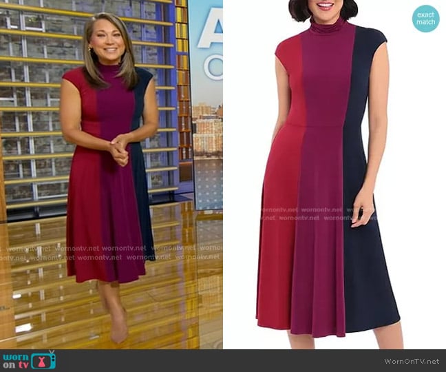 Color Block Jersey Mock Neck Midi Dress by Maggy London worn by Ginger Zee on Good Morning America