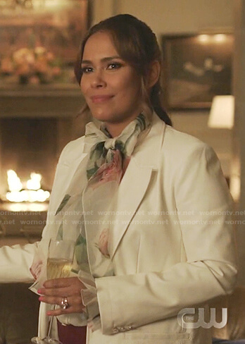Cristal's white floral tie neck blouse on Dynasty