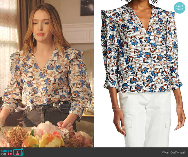 Oona V-neck Ruffle Blouse by Derek Lam 10 Crosby worn by Kirby Anders (Maddison Brown) on Dynasty