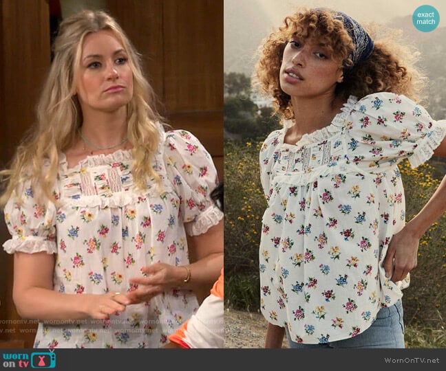 Doen Frances Top in Fleurs de Jonquille worn by Gemma (Beth Behrs) on The Neighborhood