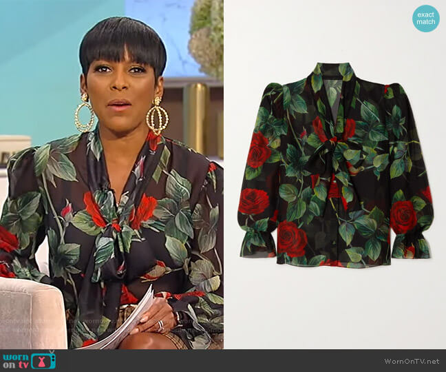 Pussy-bow floral-print silk-chiffon blouse by Dolce & Gabbana worn by Tamron Hall on Tamron Hall Show