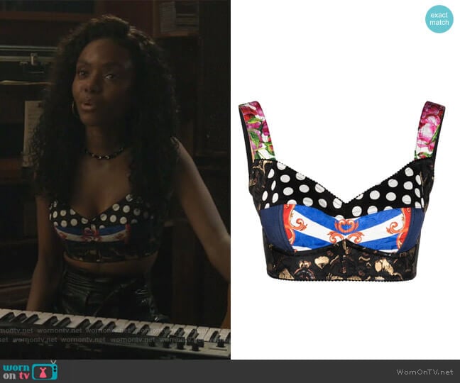 Patchwork-print Cropped Vest by Dolce & Gabbana worn by Josie McCoy (Ashleigh Murray) on Riverdale