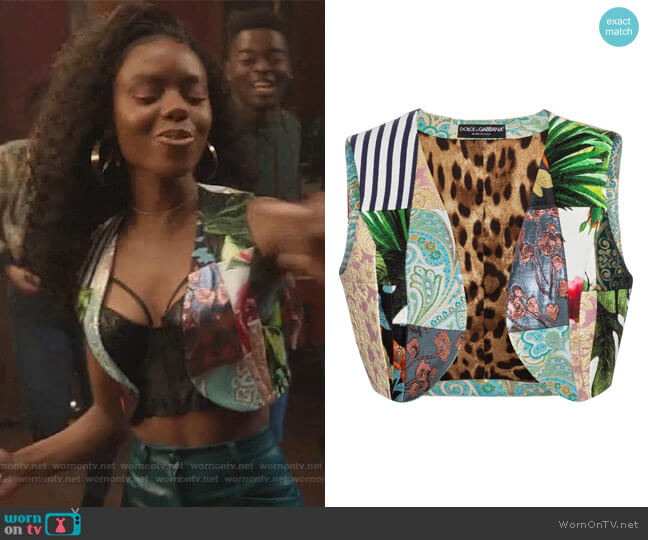 Patchwork vest by Dolce and Gabbana worn by Josie McCoy (Ashleigh Murray) on Riverdale